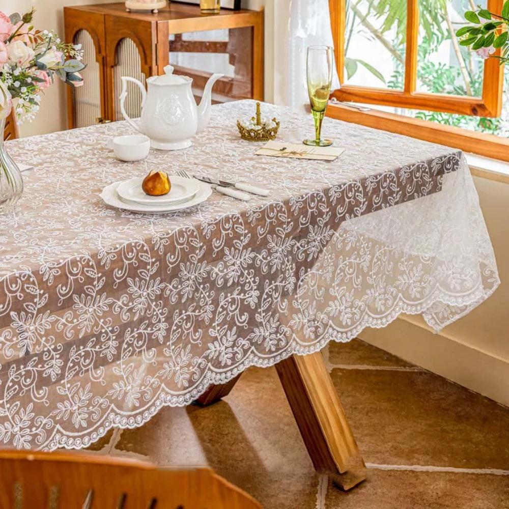 Romantic Embroidered French Lace Tablecloth Organza Vintage Table Linen White Table Cover Desktop Background