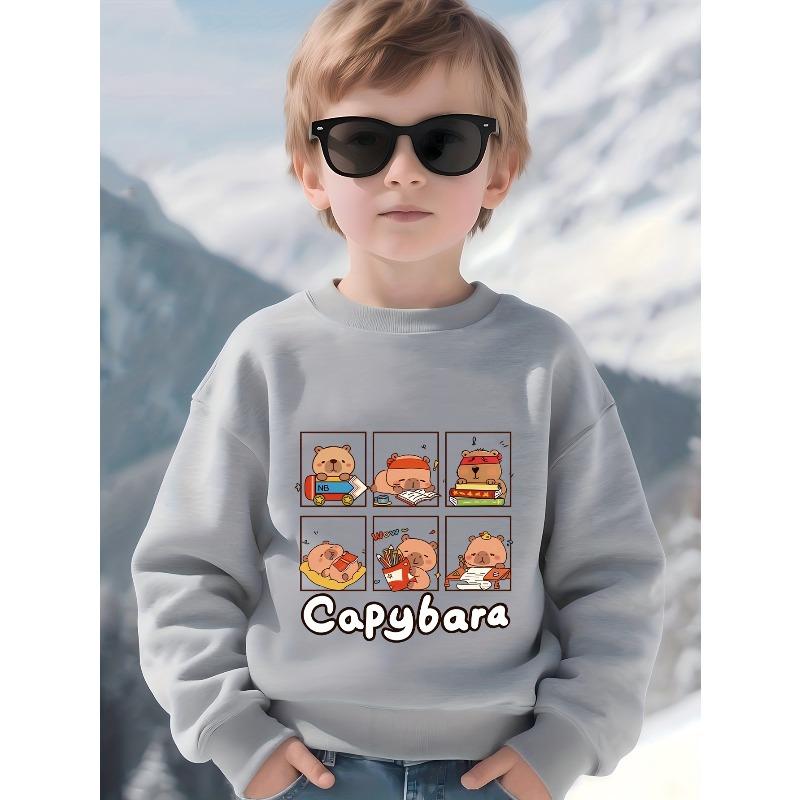 Kids Crewneck Long Sleeve Sweatshirt, Cute Multi-Scene Capybara Cartoon Print