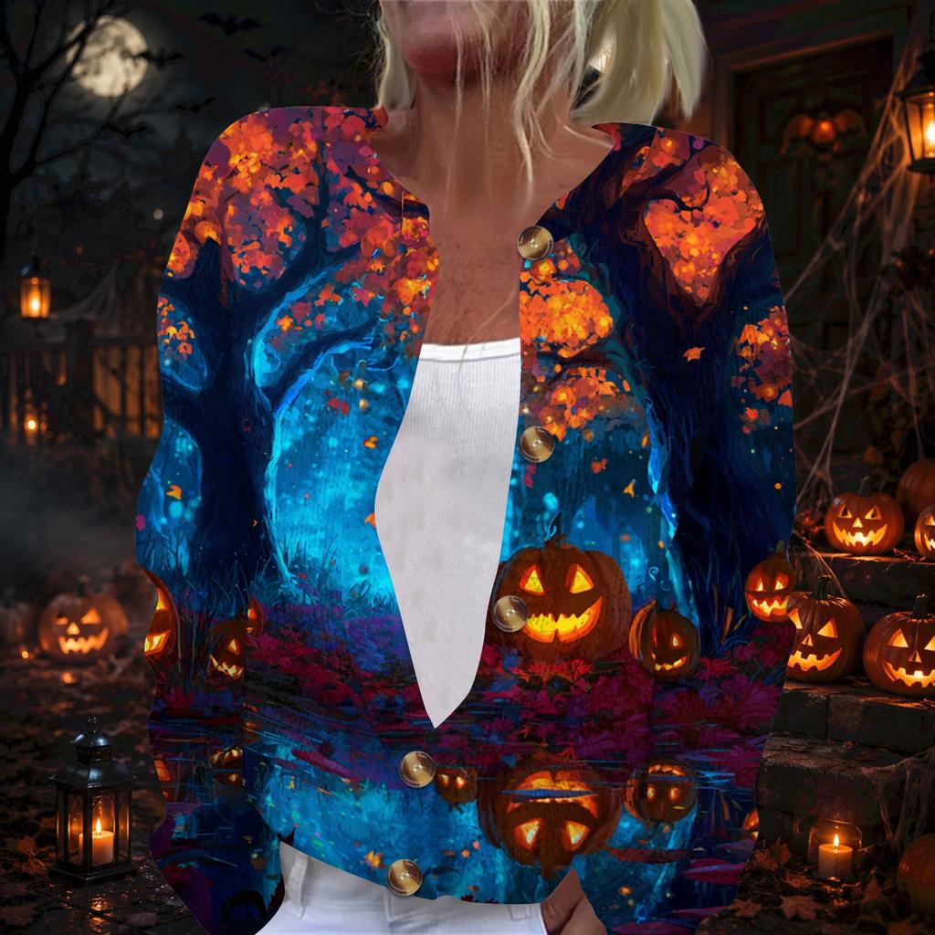 Women's Long Sleeve Cardigan with Halloween Print Button Front for Party Outwear