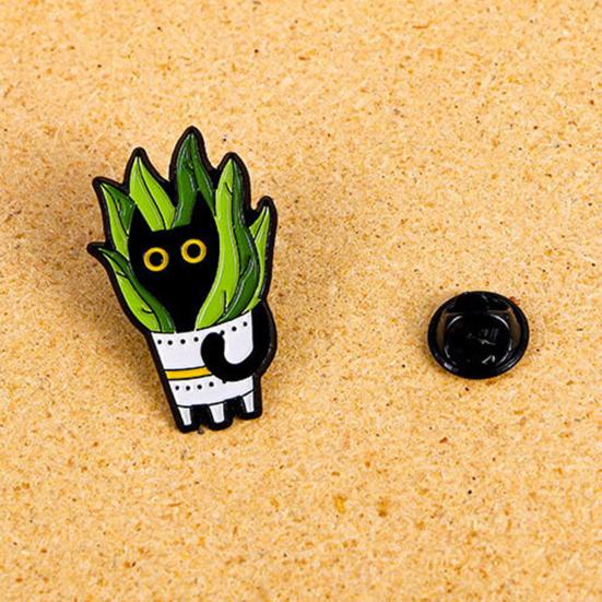 Enamel Brooch Cartoon Green Plant Cat Shape Lapel Pin Jackets Hats Sweatshirts School Bags Badge Outfit Accessory
