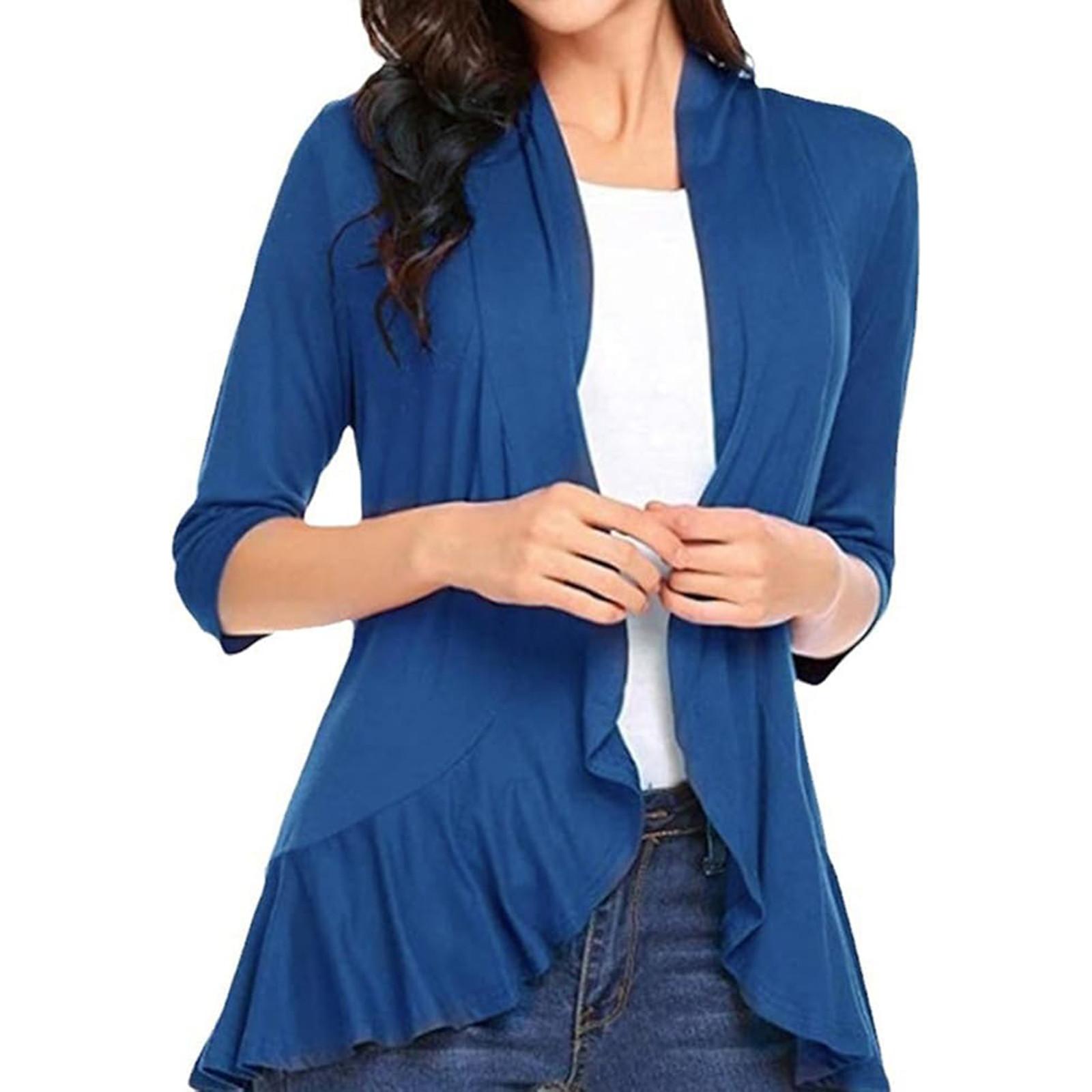 

Women s Fashion Casual Seven Minute Sleeve Solid Color Ruffle Cardigan Top XL Темно-синій