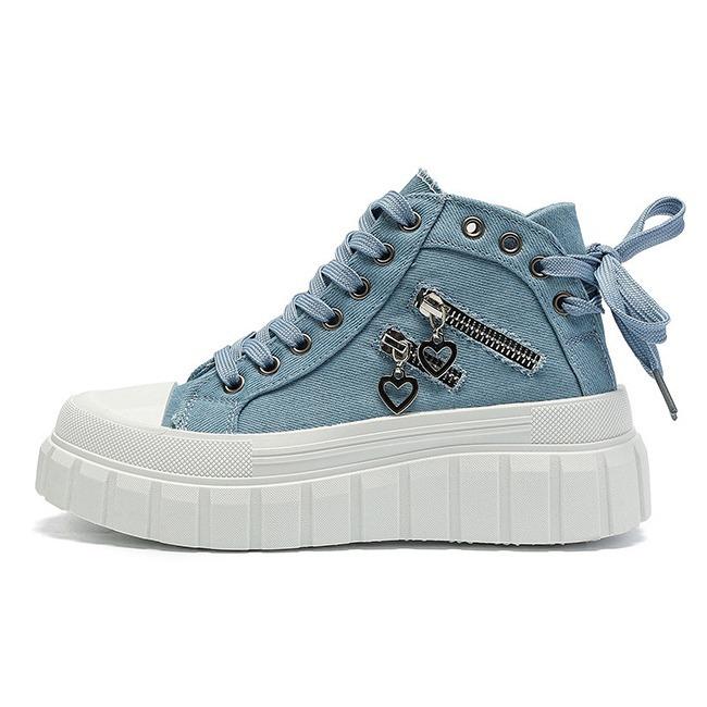 

Модные парусиновые туфли 2024 года, новые, толстые, увеличивающие рост, металлические молнии, украшения в виде сердец, повседневные спортивные женские туфли, кроссовки 36 синий