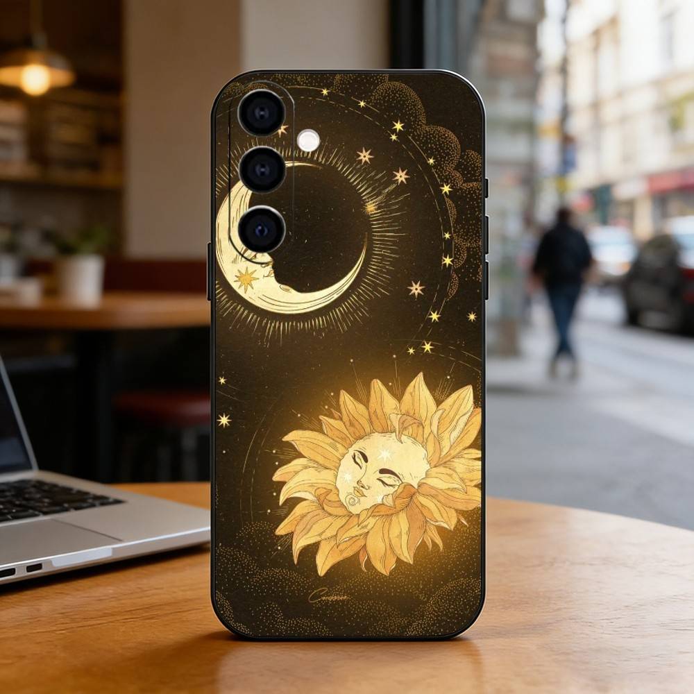Sun Moon Phone Case For Samsung Galaxy A73,A72,A71,A70,A53,A52,A51,Soft Silicone Black Cover