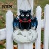 Vintage Style Party Props Halloween Wooden Door Hanging Sign, Black Cat Bat Pumpkin Wall Plaque with Indoor Outdoor Holiday Ornament Jute Rope,
