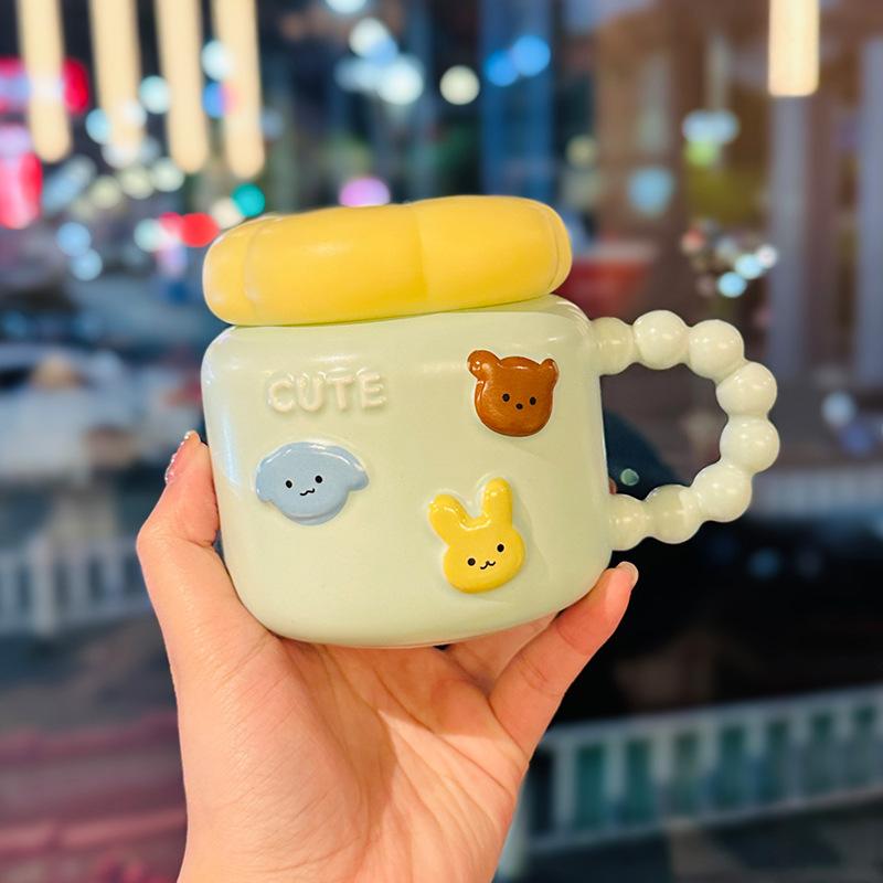 Cute Cartoon Animal Ceramic Mug with Lid High Value Household Water Cup Breakfast Milk Oatmeal Cup Souvenir