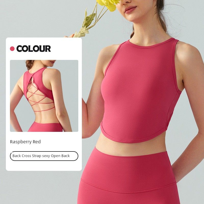 Cross-Border Fixed Cup Yoga Beauty Back Vest Sexy Cross Backless Gym Breathable Quick-Drying Tops Running Outerwear