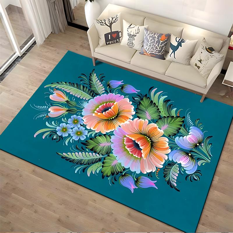 Floral Pattern Carpet with Bright Flowers on Blue Background Suitable for use as an anti-slip for living room bedroom sofas