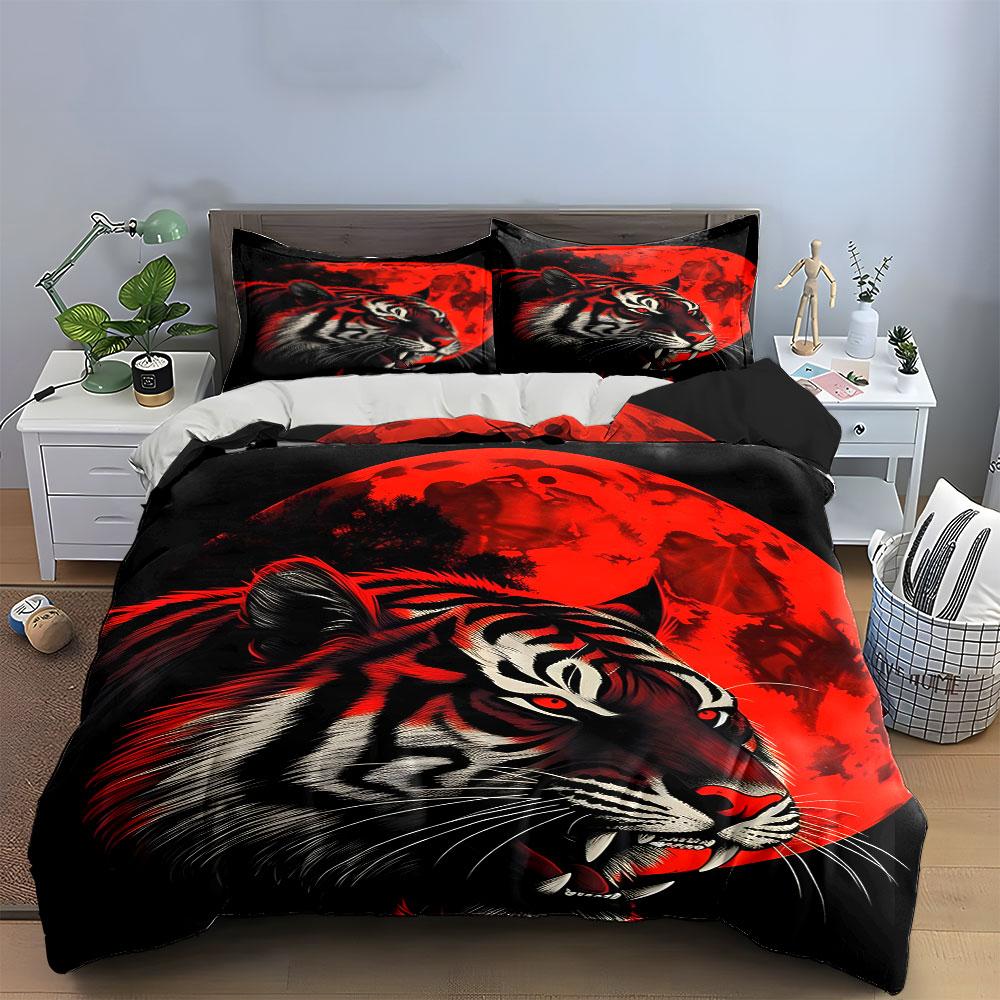 Fierce Tiger Red Moon Decor Soft Comfortable Duvet Cover Bedding Set Included 1*Duvet Cover & 2*Pillowcases, Gift