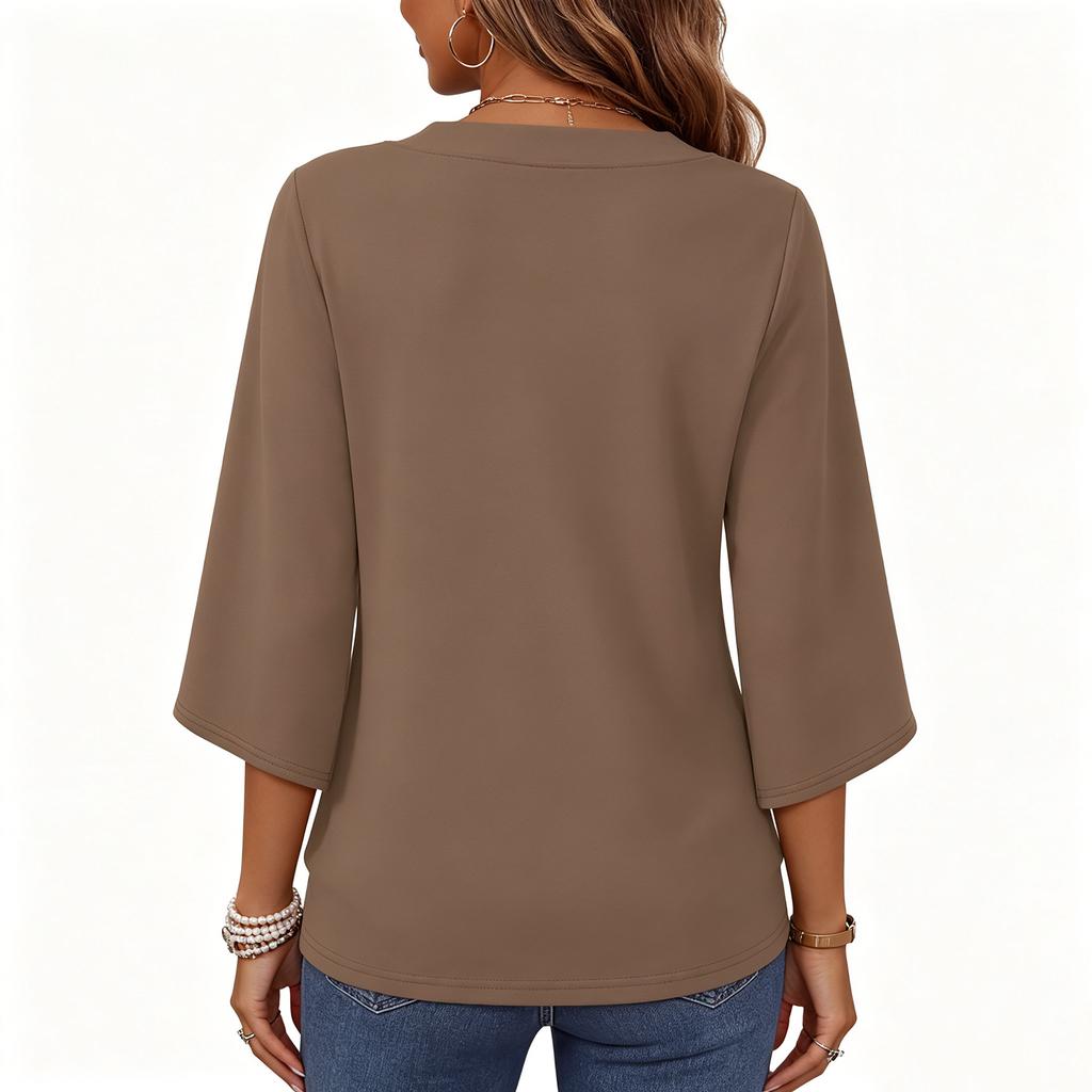 Women V Neck Loose Fit Pullover Top Three Quarter Sleeve Fashion Casual Blouse Lightweight Comfortable Fabric
