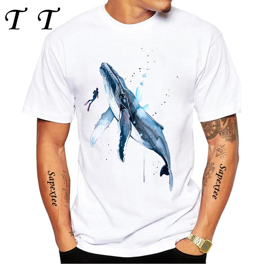 Galaxy Whale Shark Watercolor Funny T-shirt Men's Short Sleeve Summer Beach Diving Trips White Casual Tees Sea Life Boy Tops