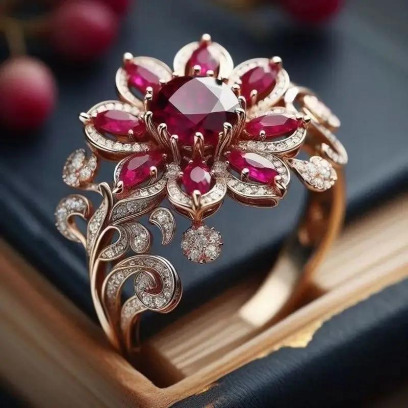New Flower Red Color Cubic Zirconia Ring For Women Birthday Accessories Gifts Custom Jewelry