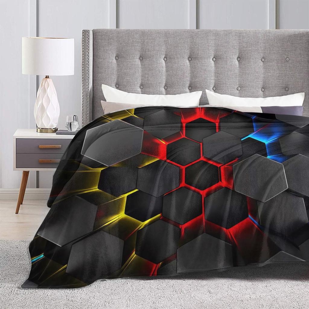 Glowing Geometric Shapes On Dark Warm Blanket  Child Plush Throw Blanket Aesthetic Couch Bed Flannel Bedspread Sofa Bed Cover