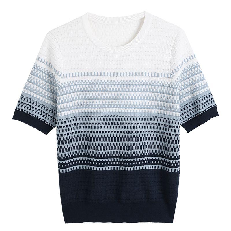 Women's Plus Size Striped Short Sleeved Knitted T-shirt Middle-aged Women's Clothing Ice Silk Knitted T-shirt