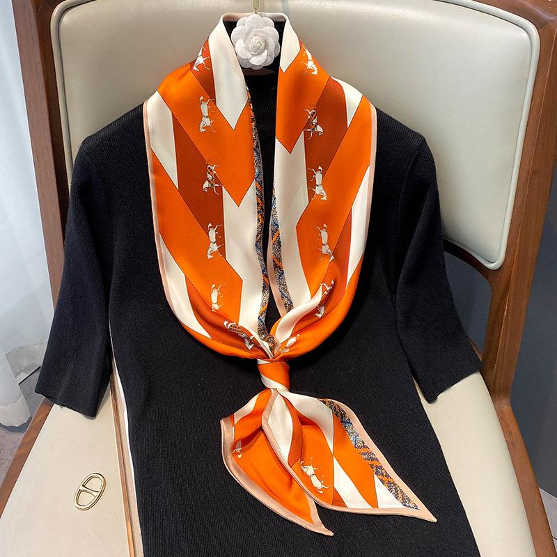 Korean New Imitation Silk Printed Silk Scarf for Women Fashion Double-sided Warm Scarf for Winter Scarf Hairband