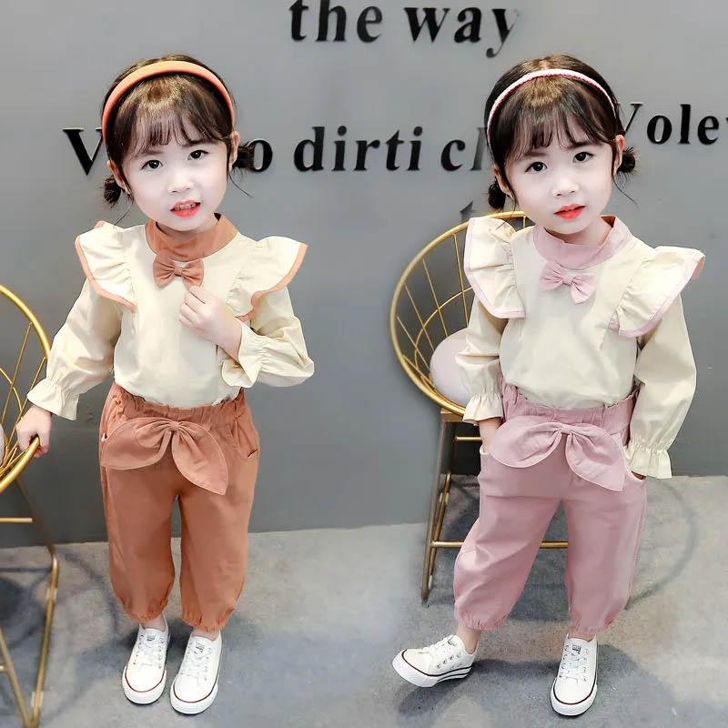 Completi da bambina Vestiti primaverili e autunnali Decorazione con fiocco carino Monopetto Maniche lunghe Confortevole Leggero e traspirante Set due pezzi