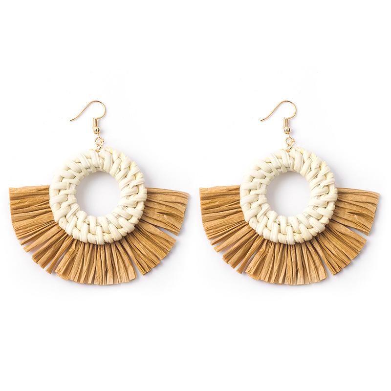 Hand-Woven Geometric Rattan Raffia Earrings, Retro Resort Fan Stud Earrings, Earrings For Women