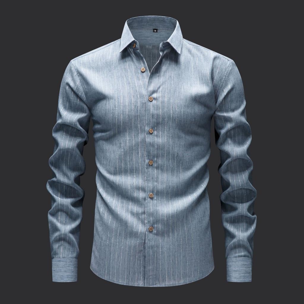Men's Casual And Trendy Digital Print Gold Thread Striped Long-sleeved Lapel Button-down Shirt