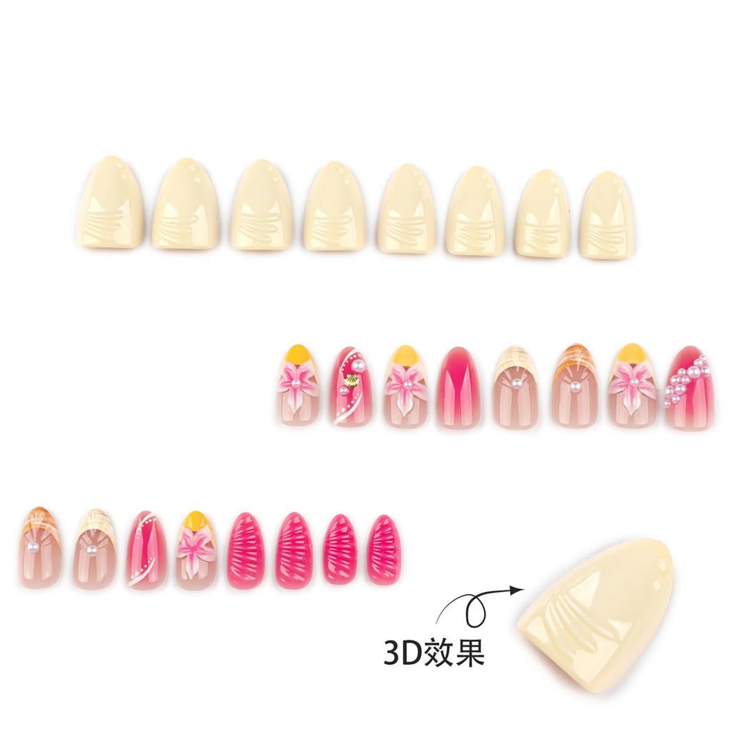 Flower Press on Nails Short Almond Fake Nails Spring Summer Nails Shell French Tip False Nails Press ons with Pearl Design Glossy Acrylic Reusable