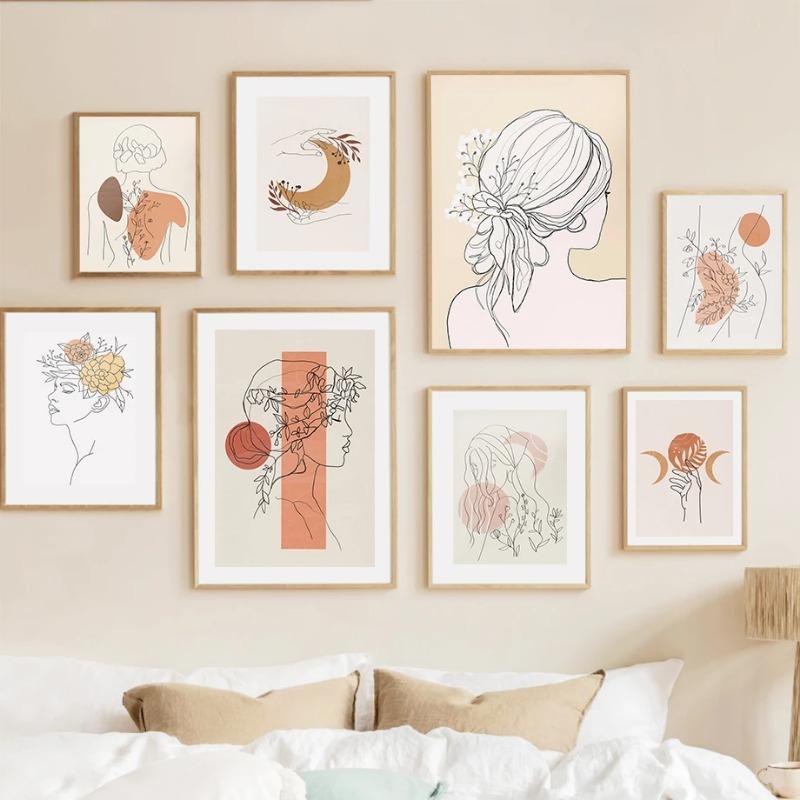 Boho Abstract Wall Art Canvas Painting Sun Moon Flower Line Girl Face Posters And Prints Wall Mural Pictures Living Room Decor