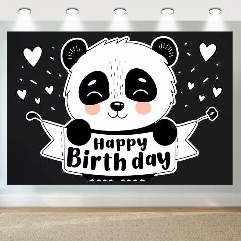 2D Black White Panda Birthday Photography Backdrop with Hearts for Photo Booth