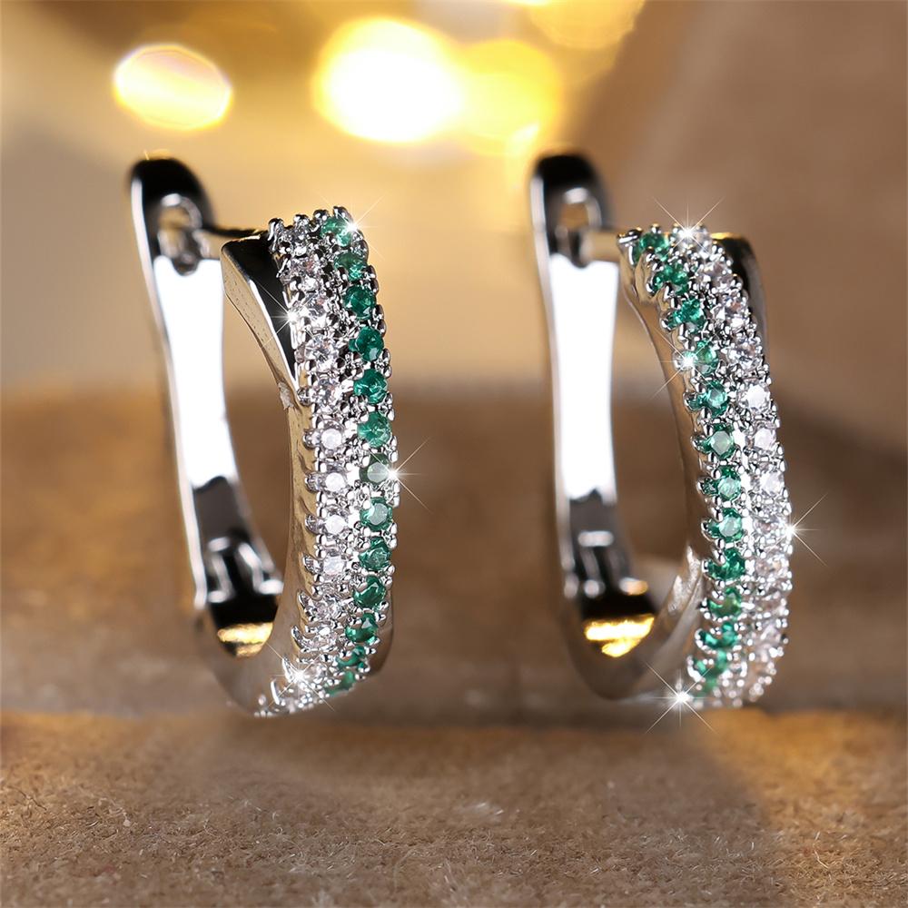 Cute Blue Rose Red Hoop Earring Green Crystal Multicolor Zircon Earrings For Women Vintage  Silver Color Wedding Jewelry