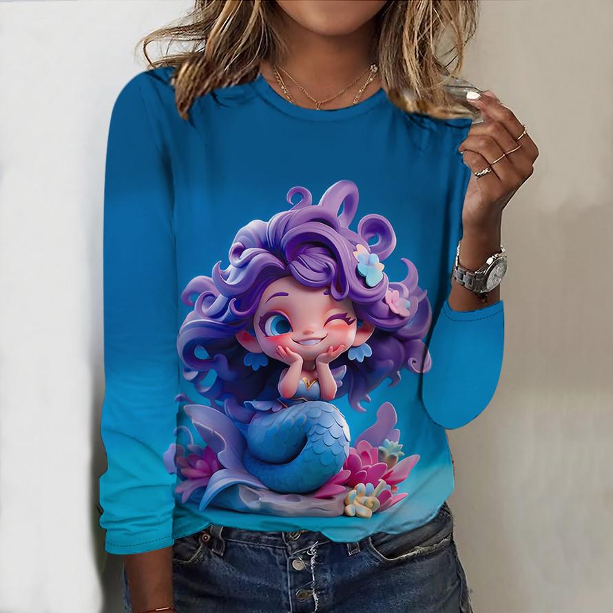 Tops For Women 3D Cute Mermaid Print Round Neck Long Sleeve T-shirt Fall Casual Slim Pullover Women's Long Sleeve Top