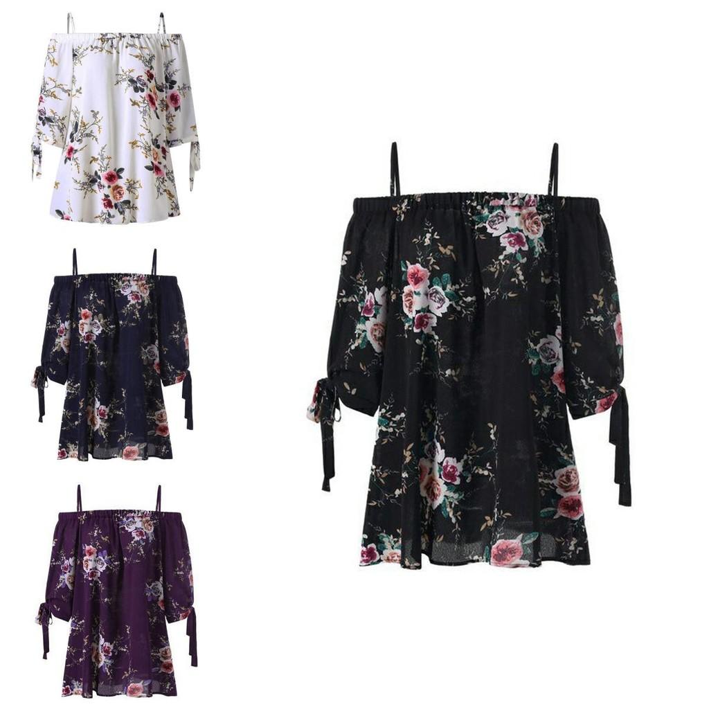Fashion Womens Plus Size Floral Print Cold Blouse Camis Casual Shoulder Tops For Summer