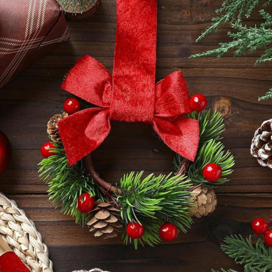 6 Pcs 6 Inch Christmas Mini Cabinet Wreaths Small Artificial Cedar Wreath with Ribbon Bow Pinecone Berry for Front Door Window Farmhouse Home