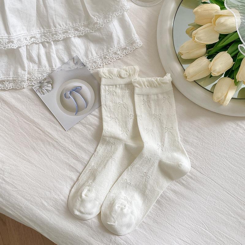 

Женские весенне-летние тонкие милые носки-пузыри однотонные с бантом и кружевом в рубчик 1 pair молочный белый