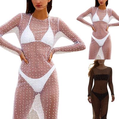 Vestido de malla de manga larga con falda larga transparente sexy y cuello redondo a la moda informal para mujer