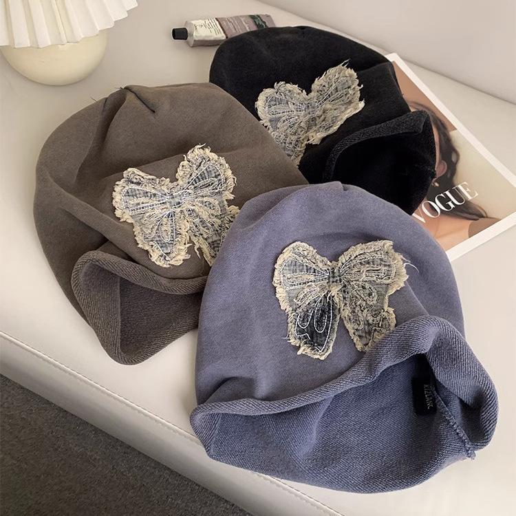 Niche Design Bow Embroidery Black Pile Hat Women's Spring and Summer Face Small Street Big Head Circumference Bag Head Hat