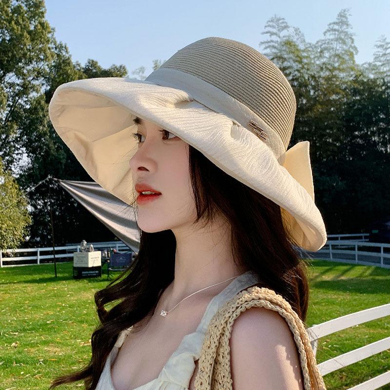 Hepburn style organza bow straw hat women's beach hat French retro big-brimmed bucket hat foldable sun hat
