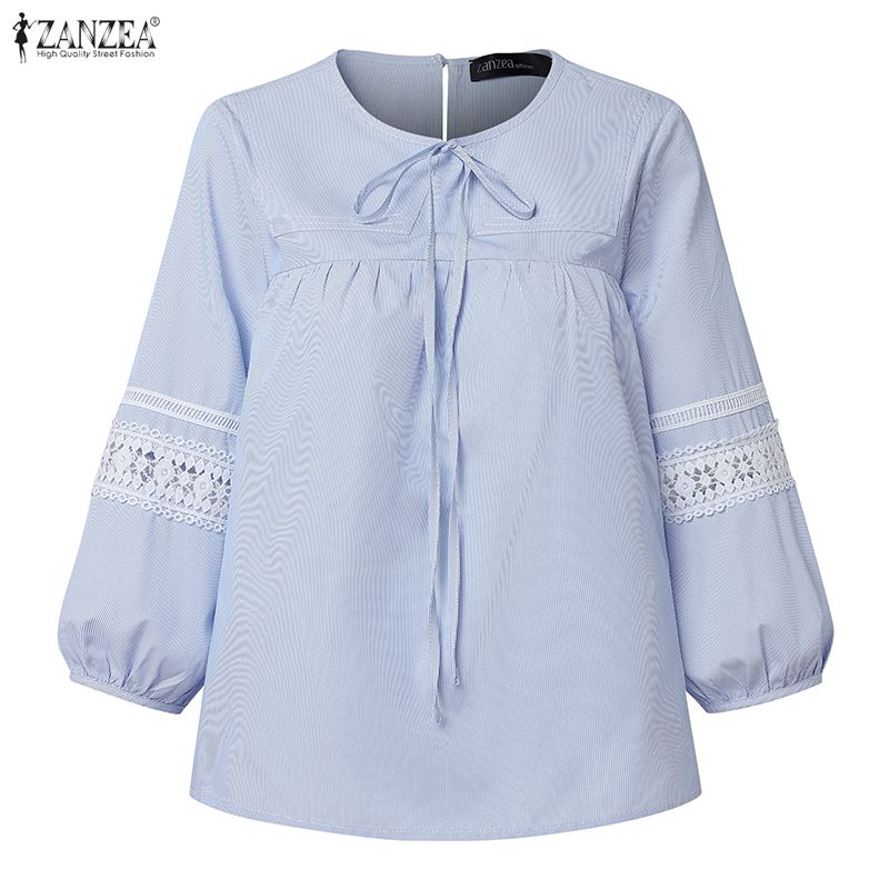 ZANZEA Women Casual Round Neck Loose 3/4 Sleeve Stripe Blouse
