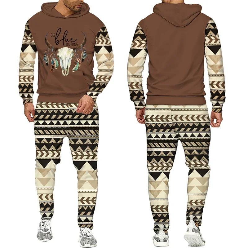 New Men 2 Pieces Tracksuit National Cow Skull 3D Print Casual Hoodies Sweatpants Sets Fashion Hip Hop Street Clothing Suits