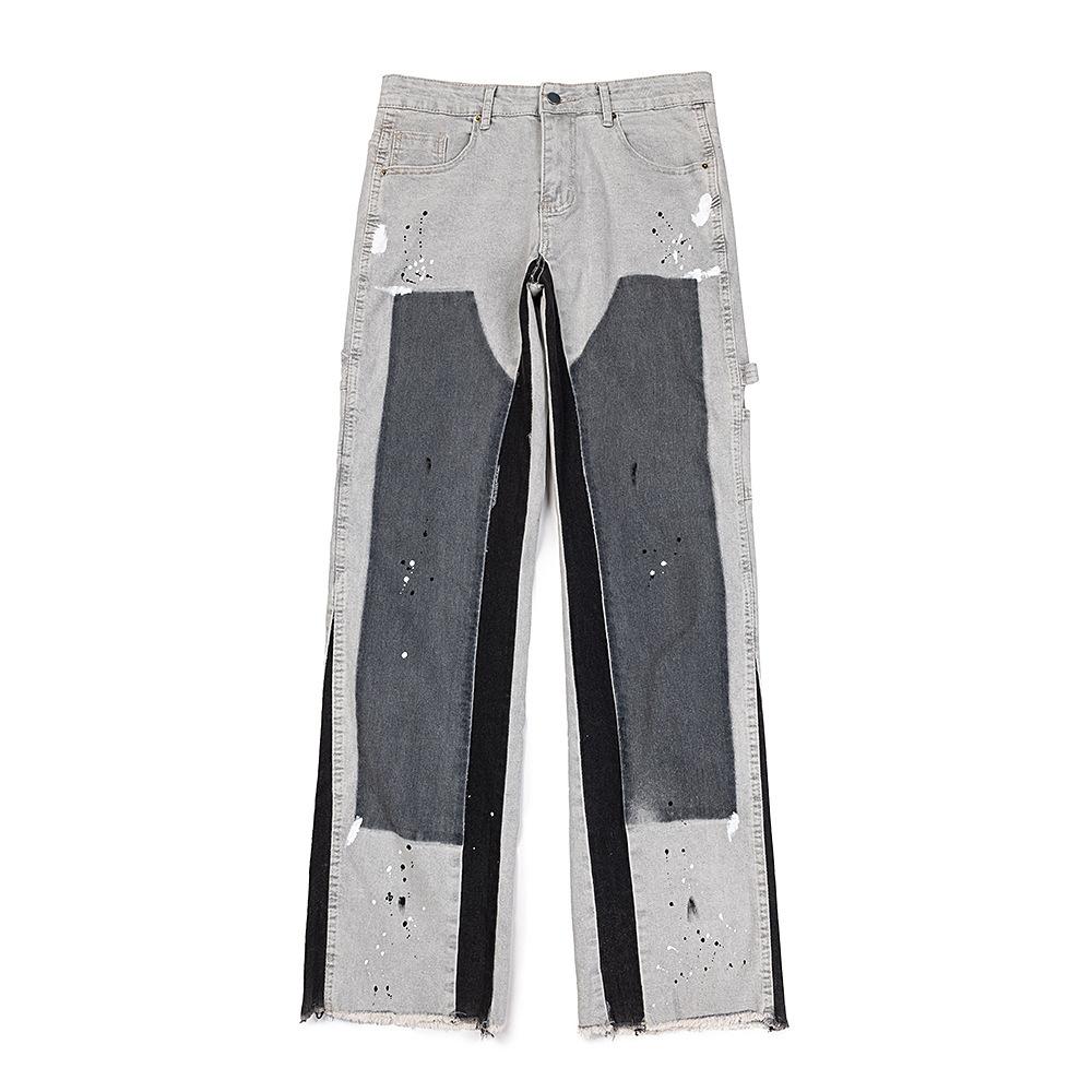 Trendy Wijde Jeans, Gewassen, Slijtageplekken, Patchwork, Unisex Stijl