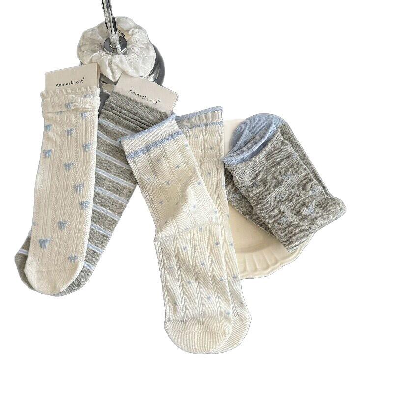 Ballet Style Hollow Calf Socks Women'S Spring And Summer Thin Breathable Stacking Socks Bow Lace Blue Versatile Stockings