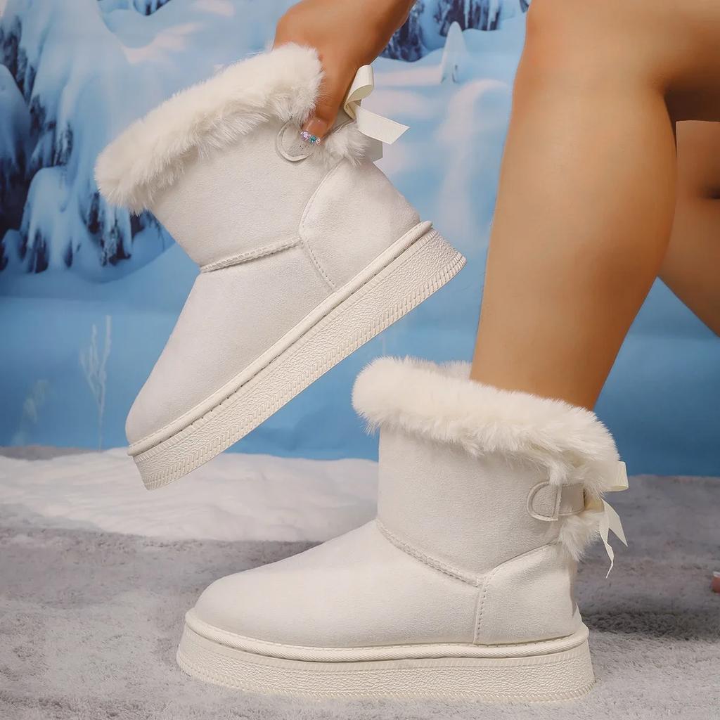 Thick Soled Snow Boots for Women, 2025 New Winter with Plush Insulation, Butterfly Knot Casual Oversized Cotton Shoes for Women