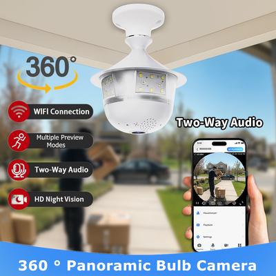 WiFi Bulb Security Camera, Full Color Night Vision, Two-Way Voice, Wireless Auto Tracking, 360° Panoramic Fisheye, Indoor IP CCTV Camera