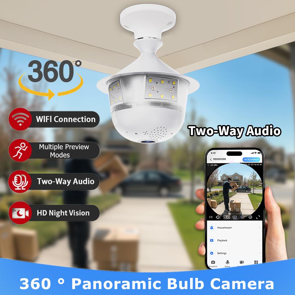 Bezpečnostní kamera v žárovce WiFi, Plnobarevné noční vidění, Obousměrná hlasová komunikace, Bezdrouhlé automatické sledování, 360° panoramatický rybí oko, Vnitřní IP CCTV kamera