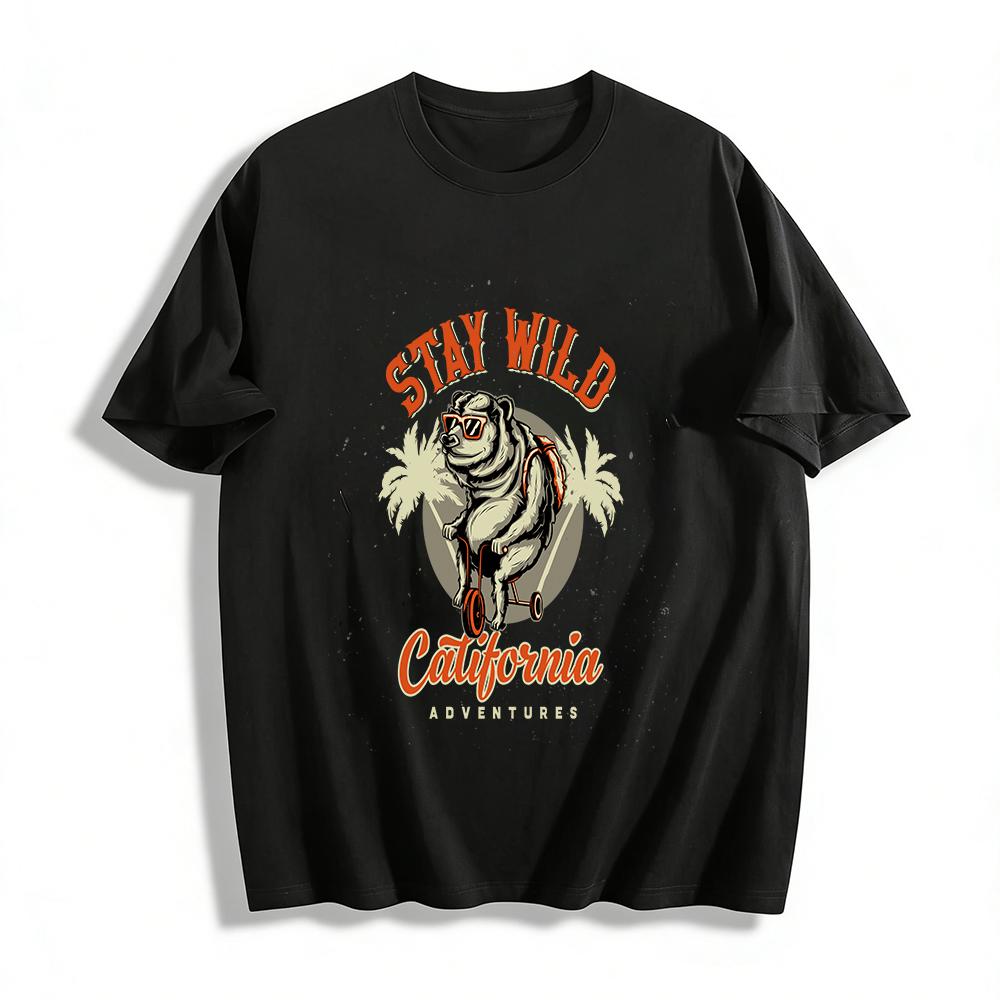 Stay Wild California Bear Graphic Casual Short Sleeve T-Shirt Pure cotton T-shirt XXS