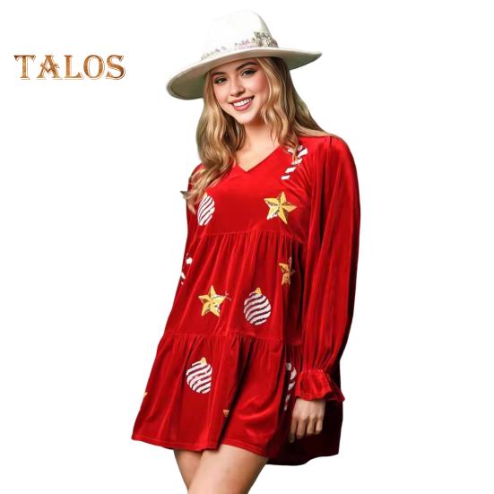 Weihnachtskleid für Damen, festlich, mit Sternendruck, Patchwork, Pailletten, A-Linie, plissiert, V-Ausschnitt, lange Ärmel, Rüschen, Samt, Party, Neujahr, Minikleid