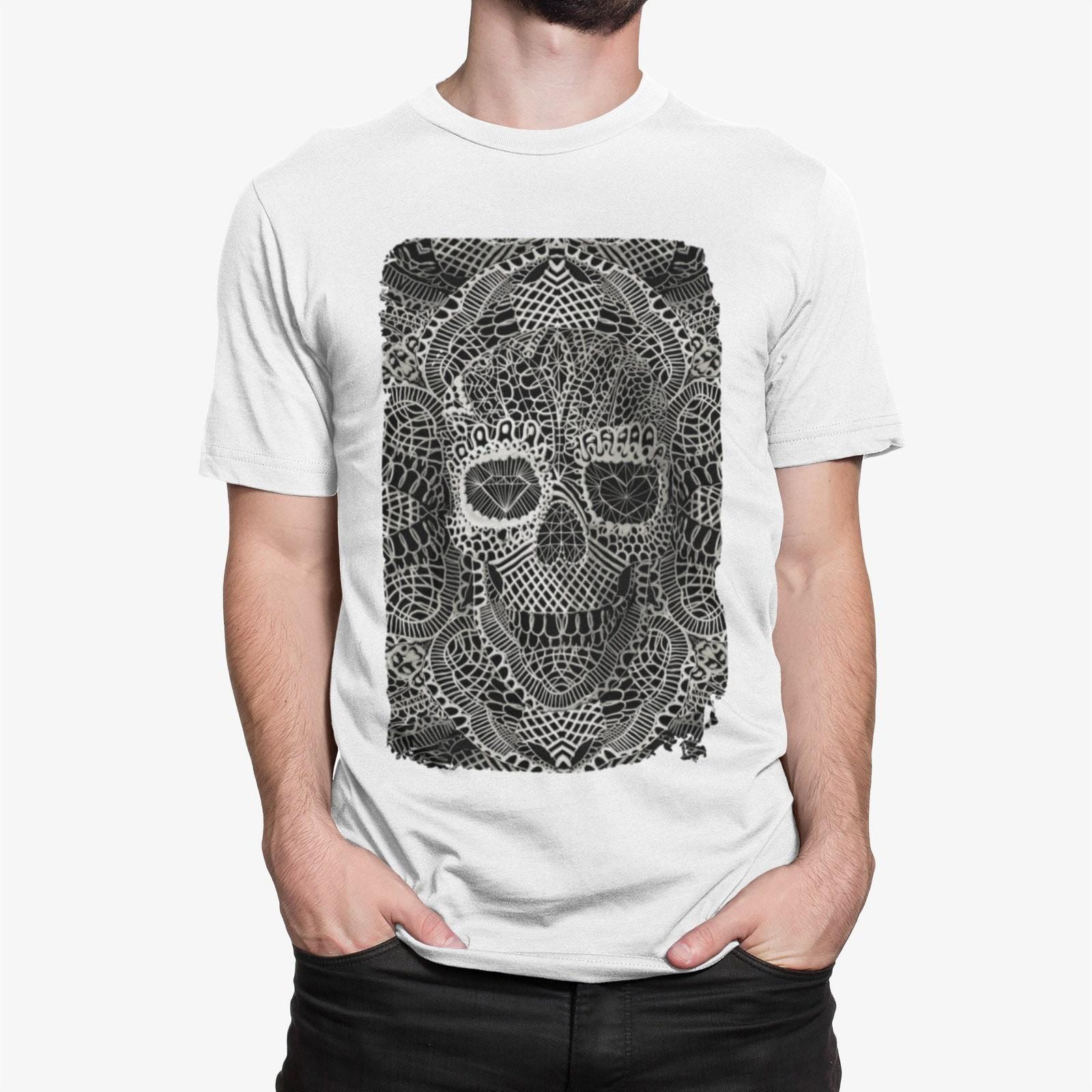 #26 Lace Skull Black And White Illustration Men s T shirt, Skull Art Print Shirt S разноцветный