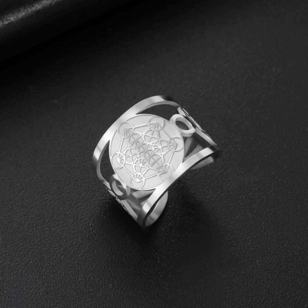 LIKGREAT Geometric Metatron Ring For Women Men Adjustable Size Stainless Steel Rings Solomon Supernatural Amulet Jewelry Gift