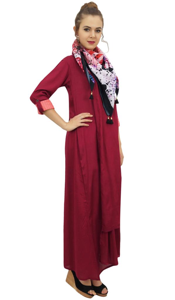 Bimba Asymmetrical Hem Maroon Rayon Kurta With Scarf Designer Kurti Clothing -