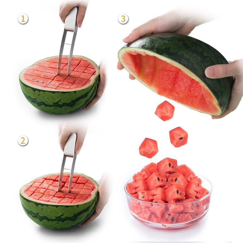 304 Rostfritt Stål Manuell Vattenmelon Kub Skärskniv Säker Vattenmelon Fruktkniv Skär- och Delningsmaskin Köksredskap
