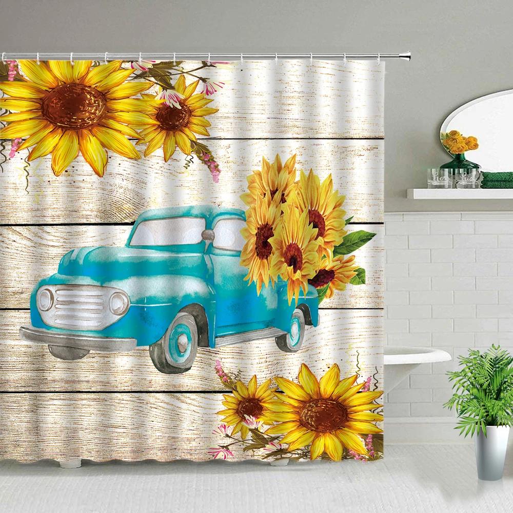 Sunflower Flower Wood Grain Plant Scenery Bathroom Shower Curtain Cactus Butterfly Bee Floral Landscape Bath Curtains With Hooks