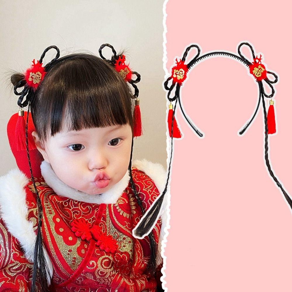 Braid Hair Children Wig Headband Flower Hanfu Hair Sticks Cute Chinese New Year Headwear Children