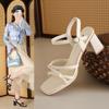 Coarse-heeled Sandals Women's New Summer Wear Fashion Silver Bow Mid-heel Buckle with Open-toed Sandals