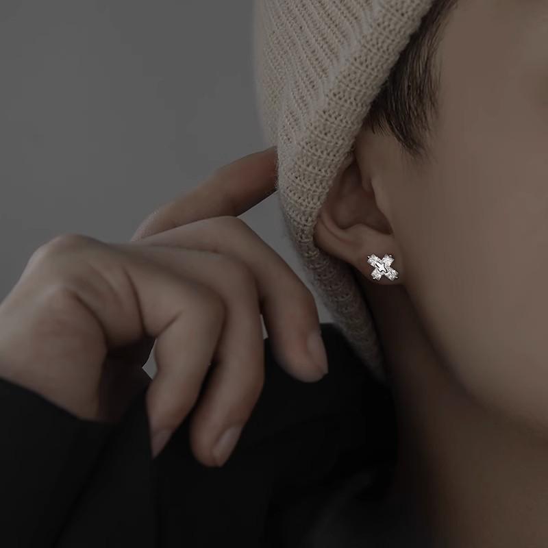 Men Cross Stud Earrings Hip Hop Punk Rock Crystal Geometric Ear Jewelry