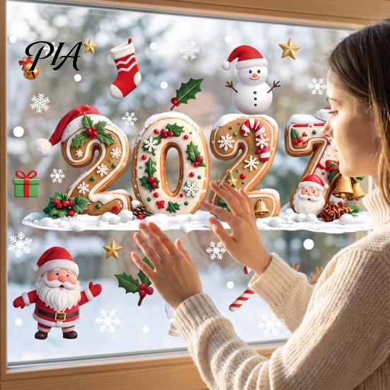 Reusable PVC Window Film Christmas Gingerbread Cling 2027, Static Glass Stickers with Santa Claus Holiday Decor Snowman Reindeer and Snowflake
